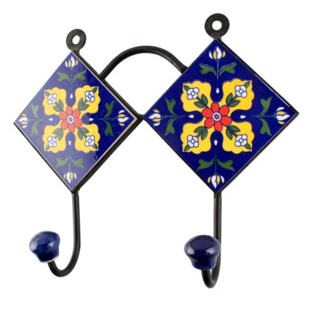 Navy Blue With Yellow Flower Ceramic Tile Wall Hook
